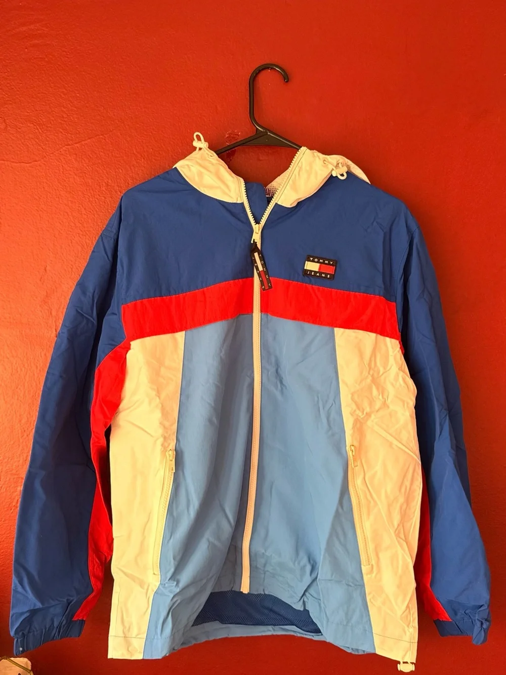 Tommy Jeans Colorblock Hooded Windbreaker Jacket Blue Red White Men’s Medium
